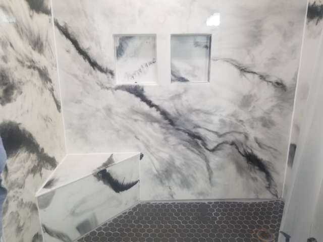 new white epoxy shower walls marble with shower bench and shelves