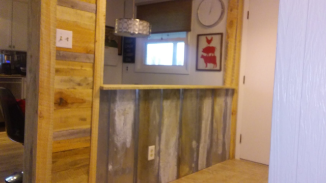 pallet wood bar countertop and side panels custom woodworking and trim