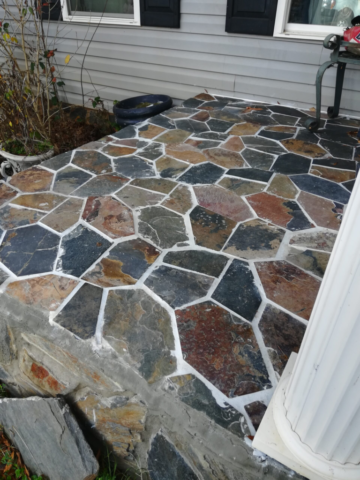front porch stone tile layout white grout renovation